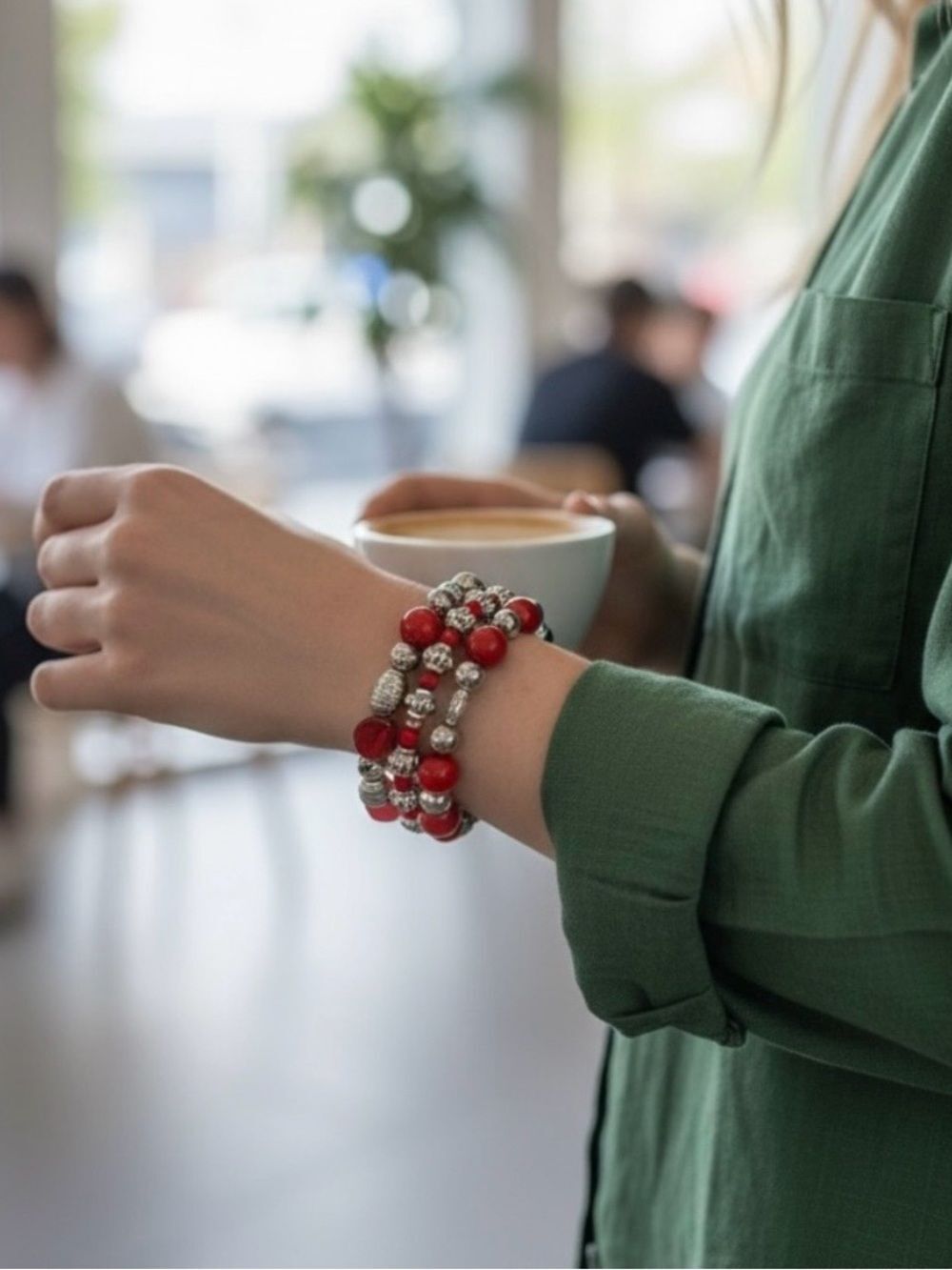 Red & Silver Beaded Stretch Bracelet Stack